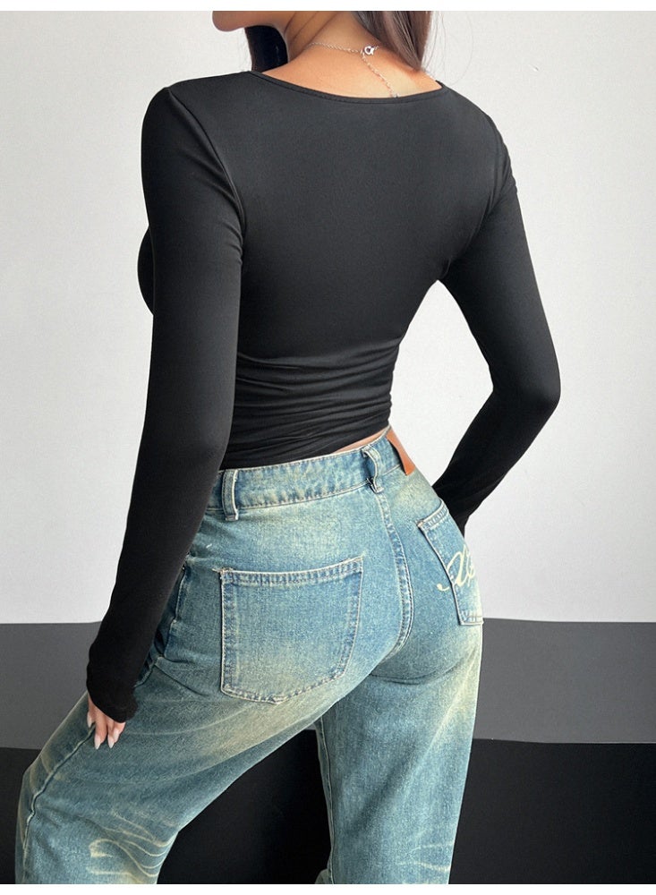 general 2026 Elegant Women's Long-Sleeved Square-Neck Crop Top, Long-Sleeved Pullover Tight-Fitting Casual Fashion Top, Y2K Style Top, T-Shirt - Image 5
